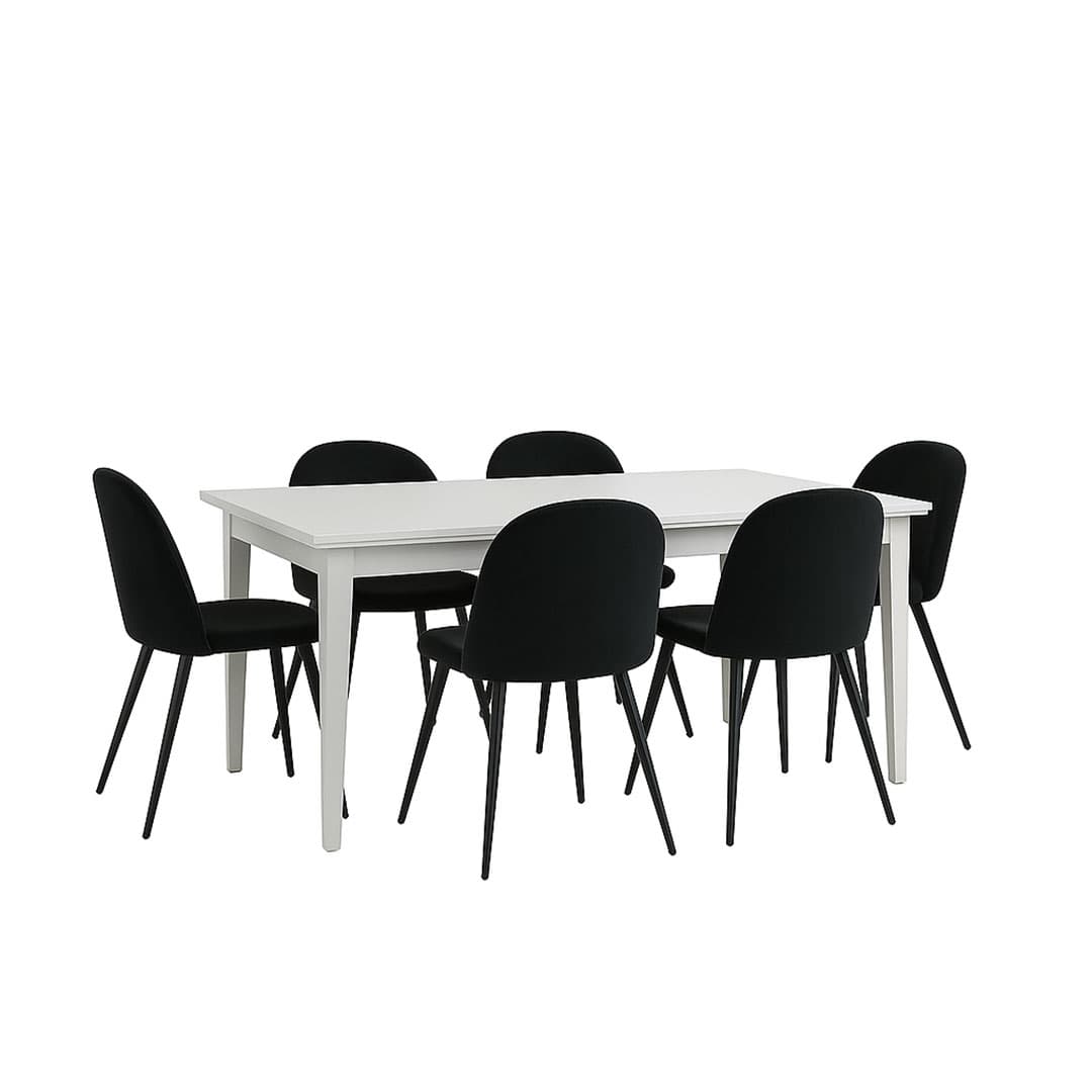 Venedig Essgruppe Tisch weiß 95x180/276 mit 2 Stk. Zusatzplatten 6 Stühlen Velour schwarz.