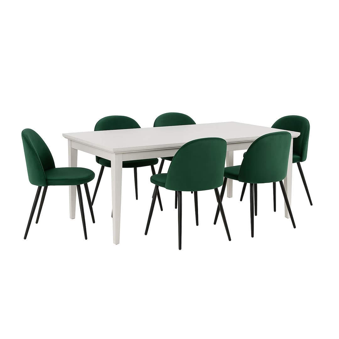 Venedig Essgruppe Tisch weiß 95x180/276 mit 2 Stk. Zusatzplatten 6 Stühlen Velour grün.