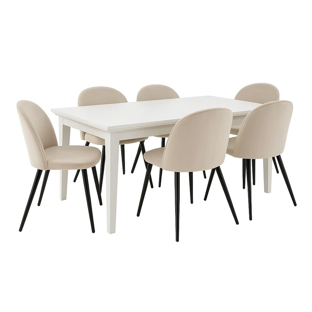 Venedig Essgruppe Tisch weiß 95x180/276 mit 2 Stk. Zusatzplatten 6 Stühlen Velour beige.