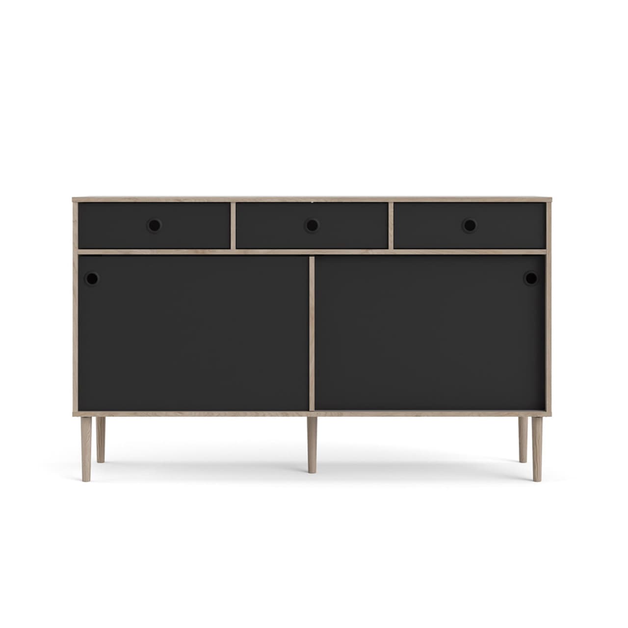 Penny Sideboard 2 Schiebetüren und 3 Schubladen Hickory-Dekor und matt schwarz.