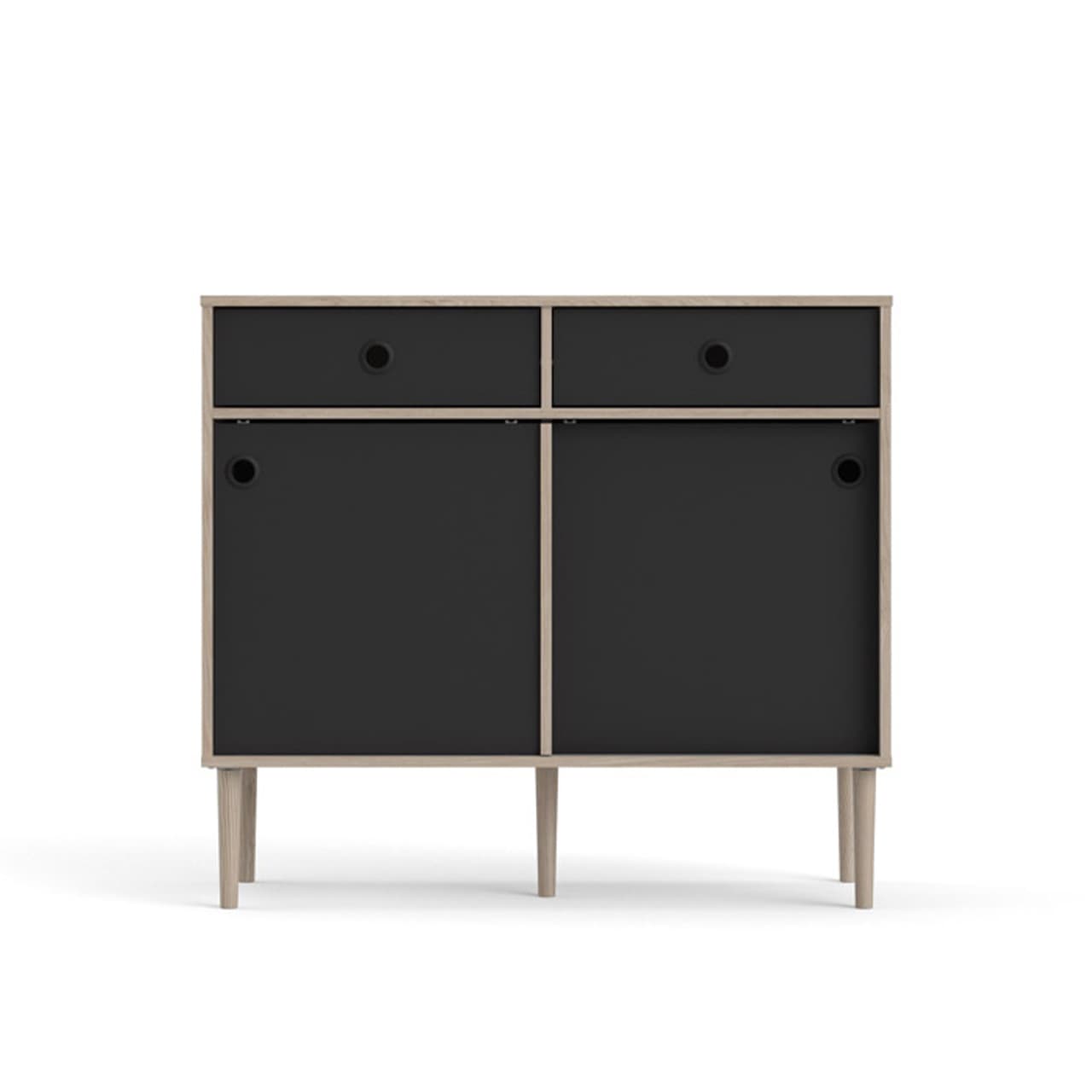 Penny Sideboard 2 Schiebetüren und 2 Schubladen Hickory-Dekor und matt schwarz.