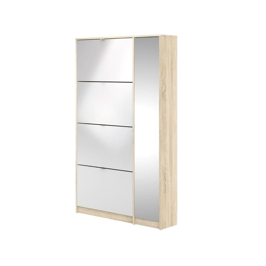 Shane Schuhschrank 4 Klapptüren 2R, 1 Spiegeltür eiche Struktur Dekor, hochglanz weiss.