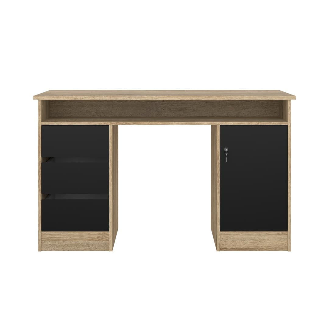 FunctionPlus Schreibtisch mit Schloss 1 Tür 3 Schubladen Eiche dekor schwarz.