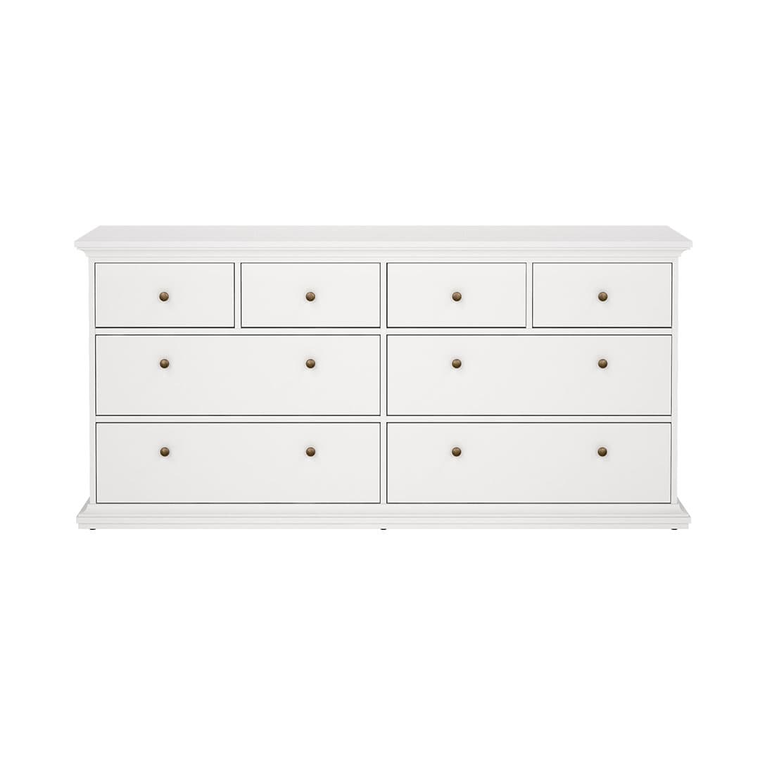 Venedig Kommode mit 4 grossen Schubladen und 4 kleinen Schubladen, Breite 183 cm, Höhe 86 cm weiss.
