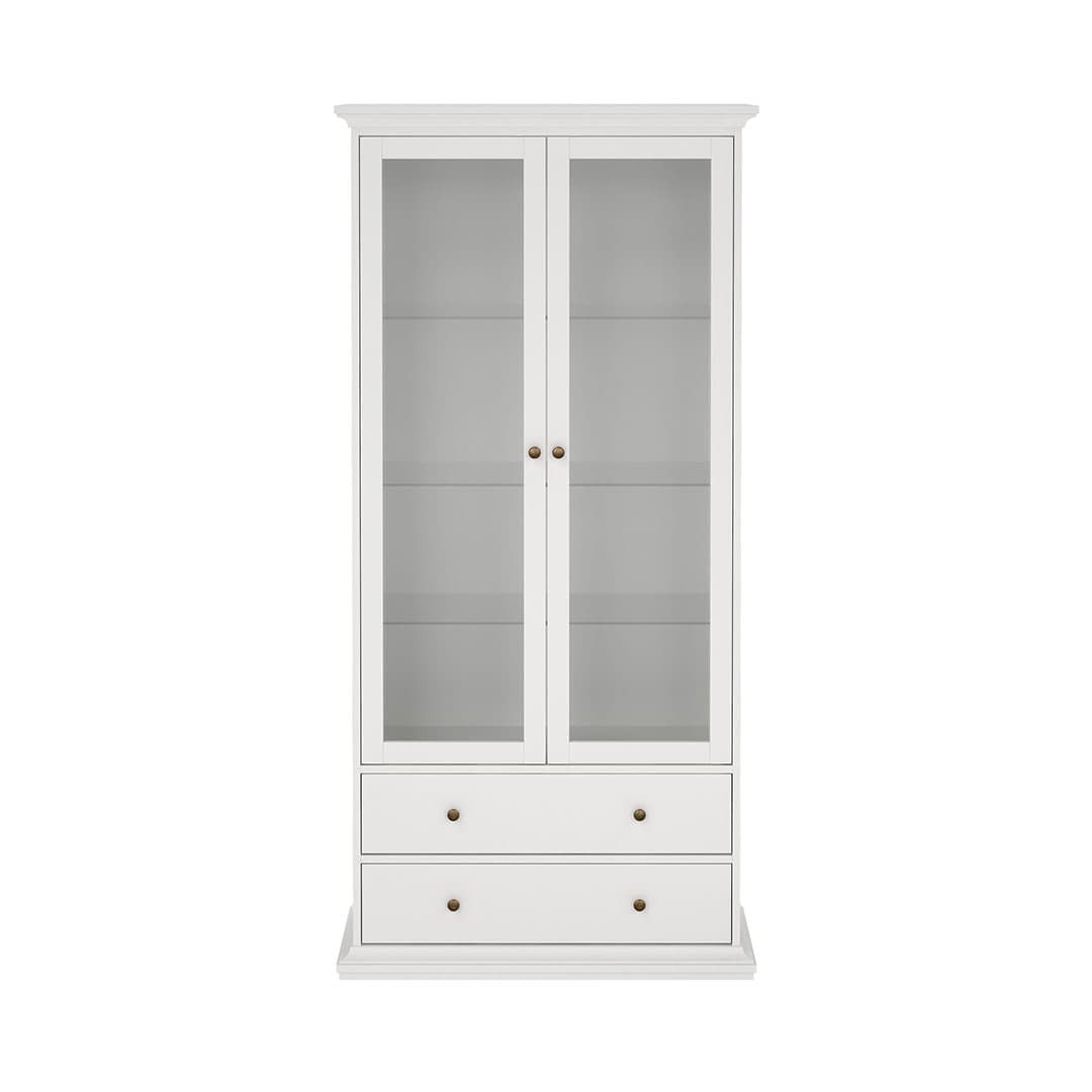 Venedig Vitrinenschrank 2-Türig mit 2 Schubladen, Breite 97 cm, Höhe 201 cm weiß.