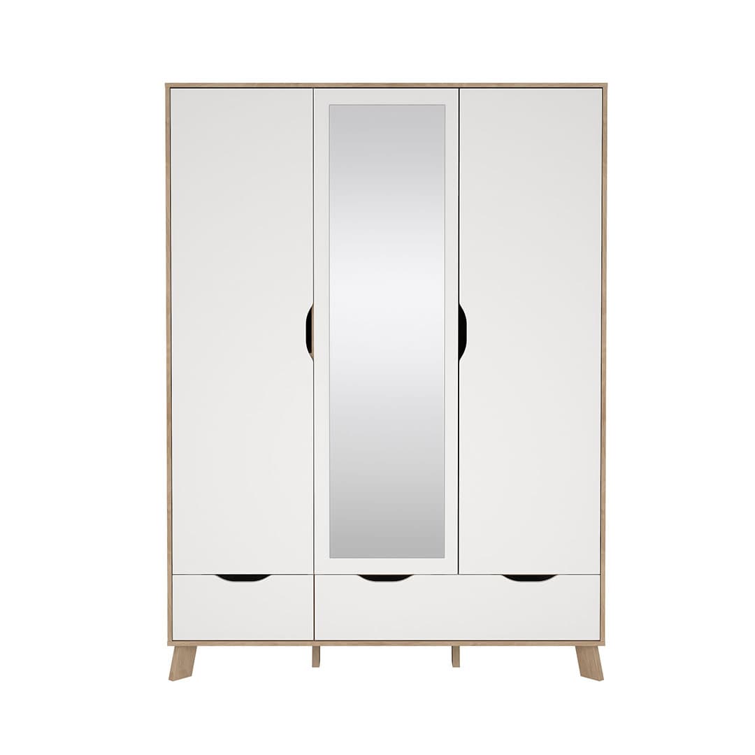 Ikast Kleiderschrank 201x148x58cm, 2 Türen, 1 Spiegeltür, 2 Schubladen Eichen-Dekor, weiß.
