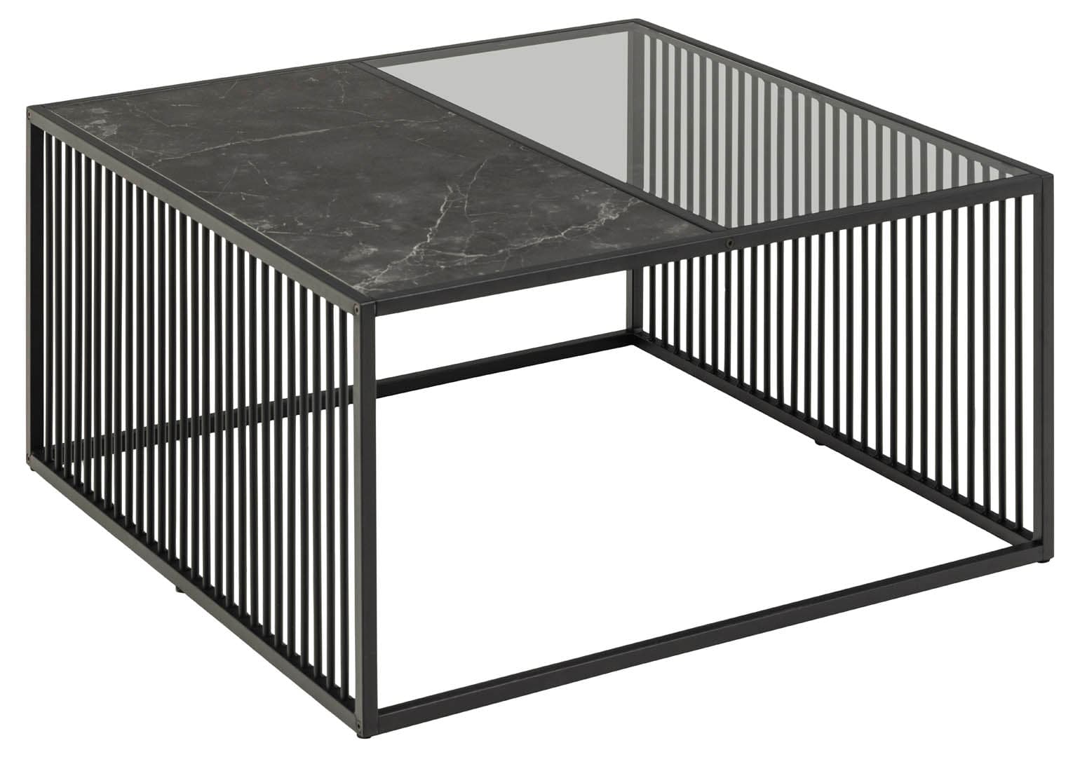 Strington Couchtisch 80x80 cm Glas rauchfarbenen, schwarz Marmor dekor.