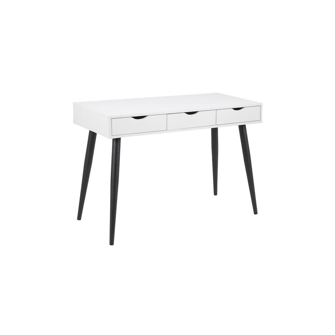 Nete Schreibtisch mit 3 Schubladen in weiss und schwarzen Metallbeinen.
