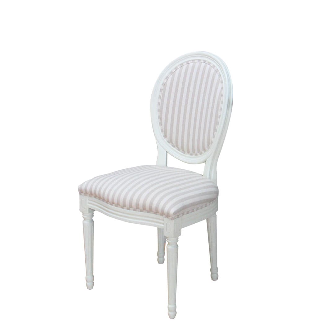 Rokoko/Amaretta Esszimmerstuhl antikweiss, Stoff beige gestreift.