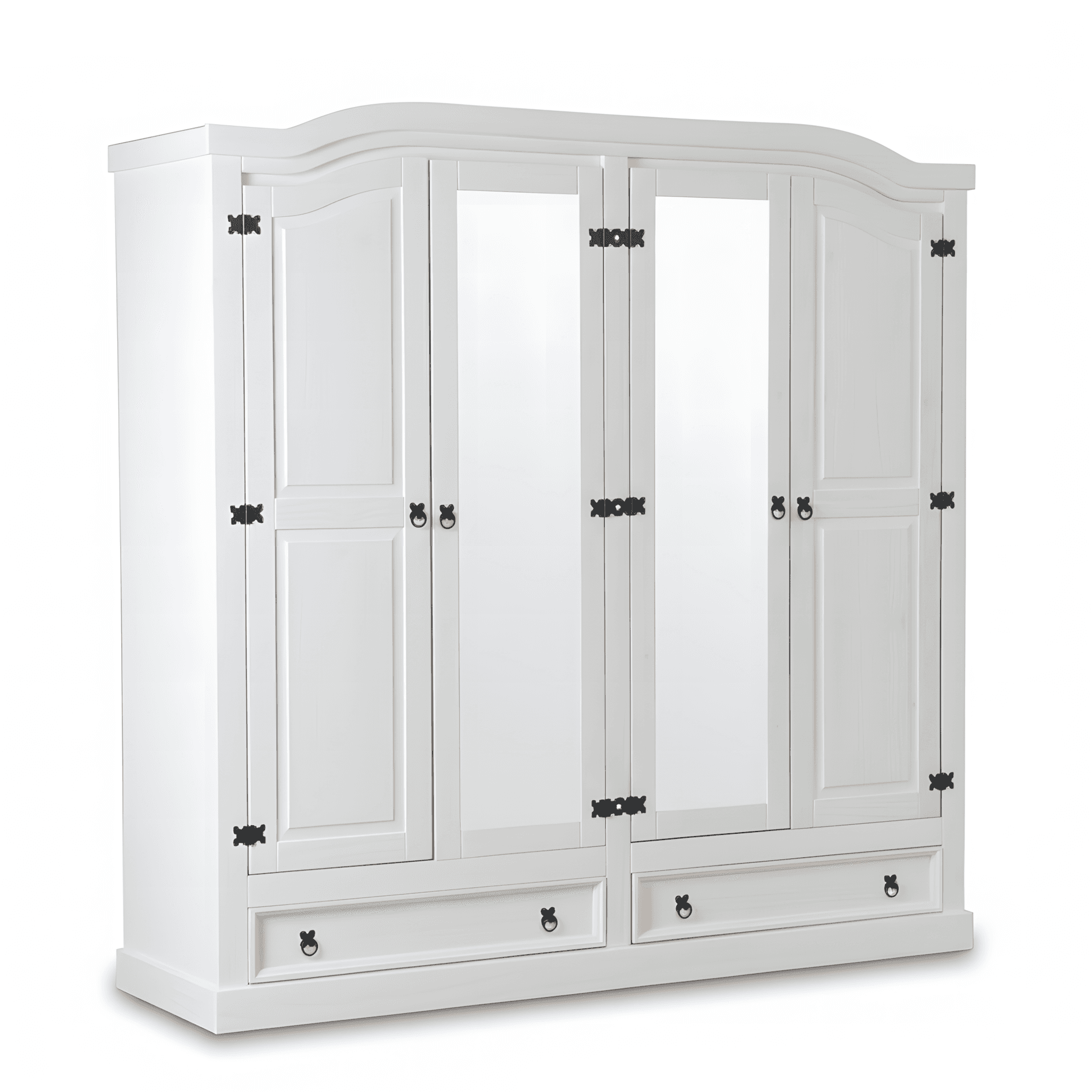 New Mexico Kleiderschrank 4-türig mit 2 Spiegeltüren, 2 Füllungstüren und 2 Schubladen, Breite 194 cm, Höhe 193 cm, weiss/gewachst.