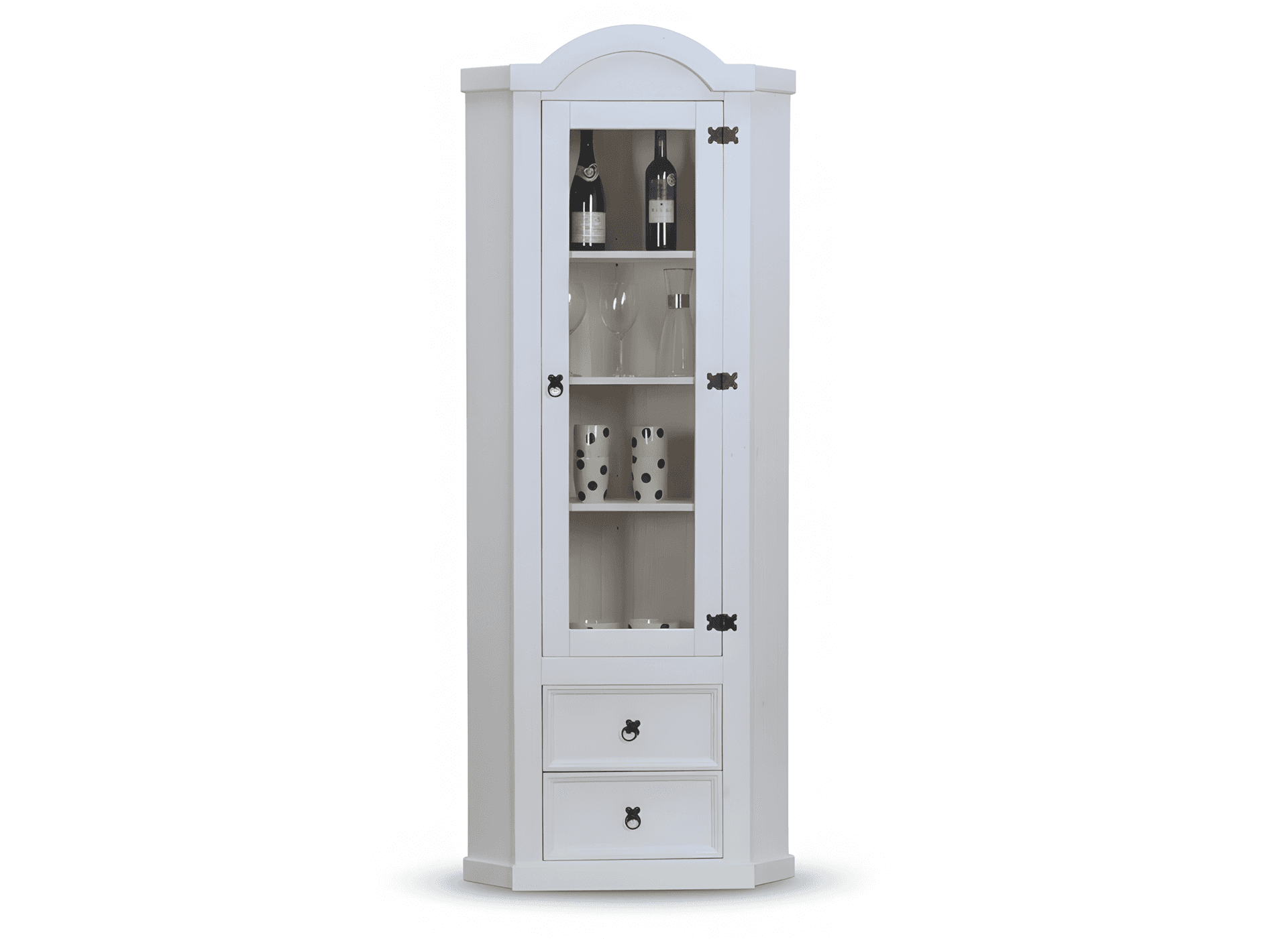 New Mexico Eckschrank mit 1 Glastür und 2 Schubladen, weiß gewachst.