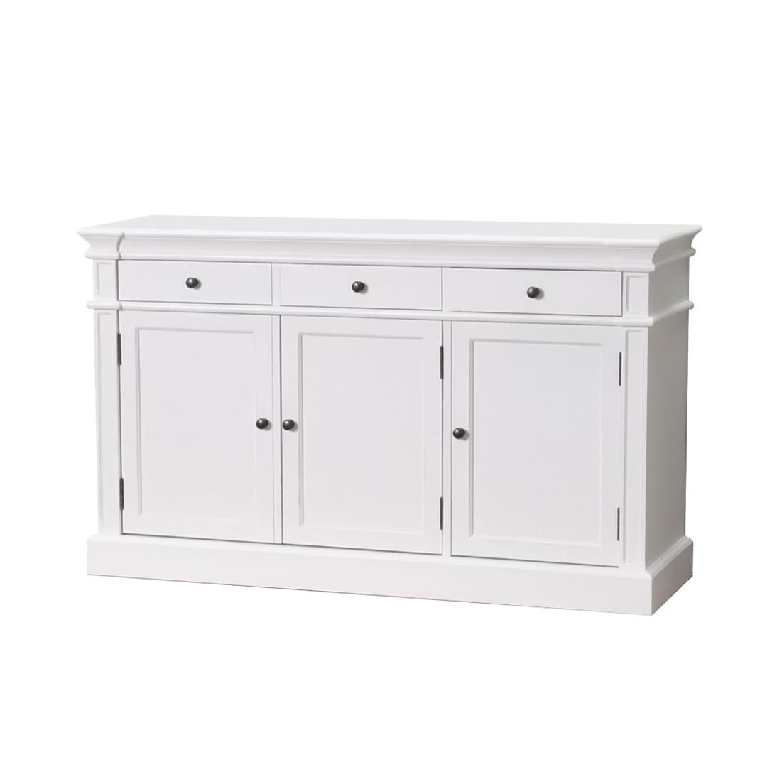 Amaretta Sideboard antik weiß, antik patiniert, mit 3 Türen und 3 Schubladen. Breite 142 cm, Höhe 86 cm.