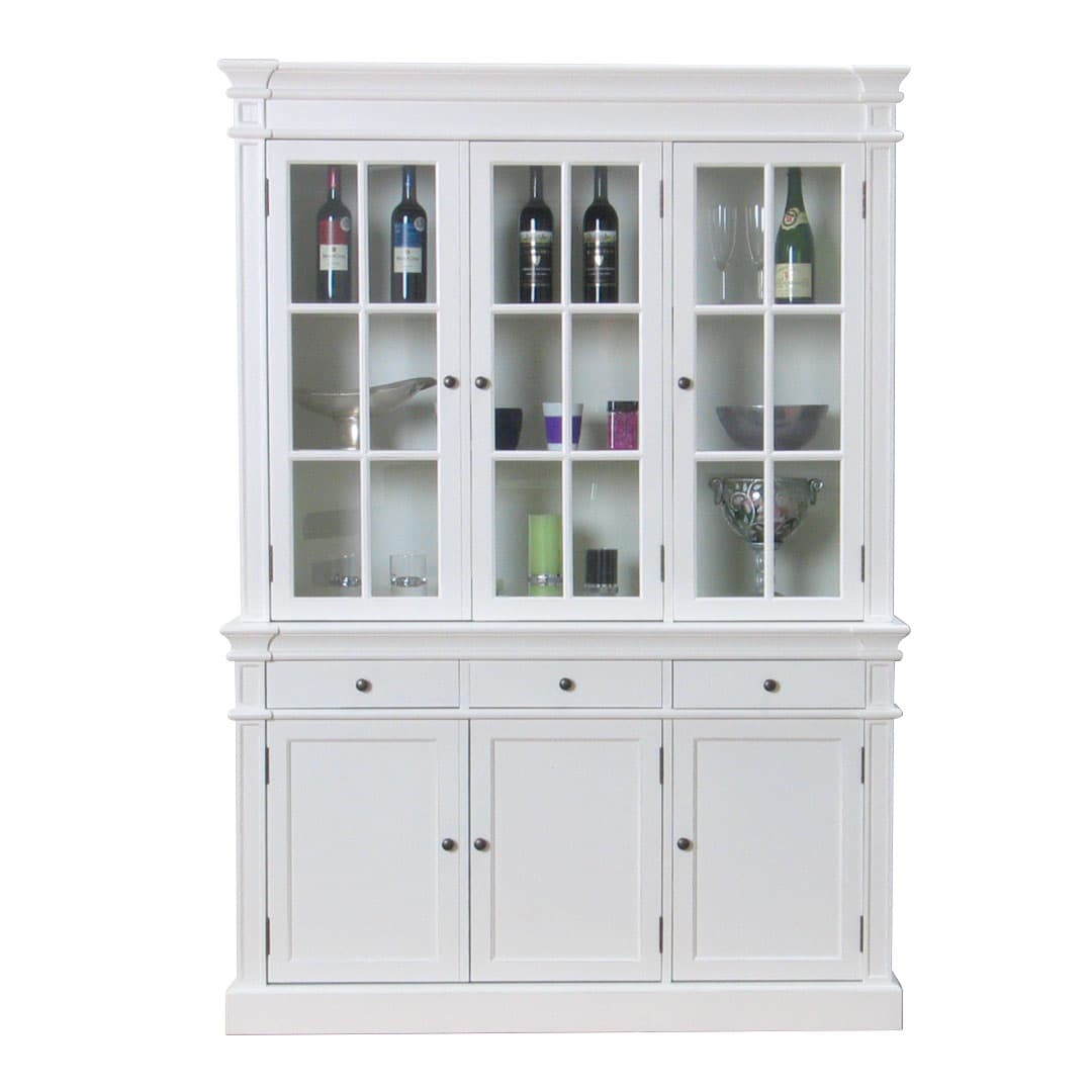 Amaretta 3-Türig Vitrinenschrank antik weiß, antik patinert. Breite142 cm, Höhe 200 cm.