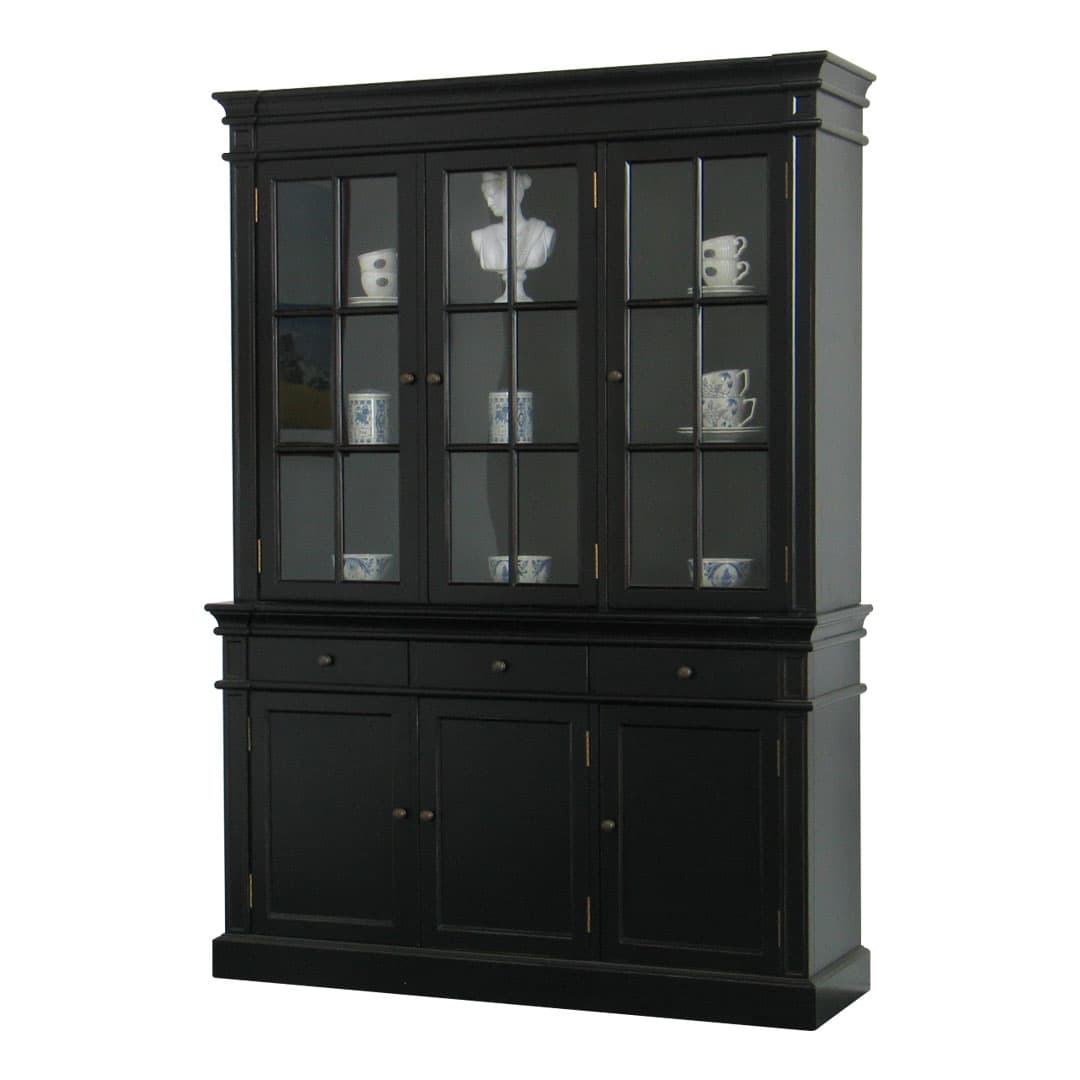 Amaretta 3-Türige Vitrine schwarz. Antik patiniert. Breite 142 cm, Höhe 200 cm.