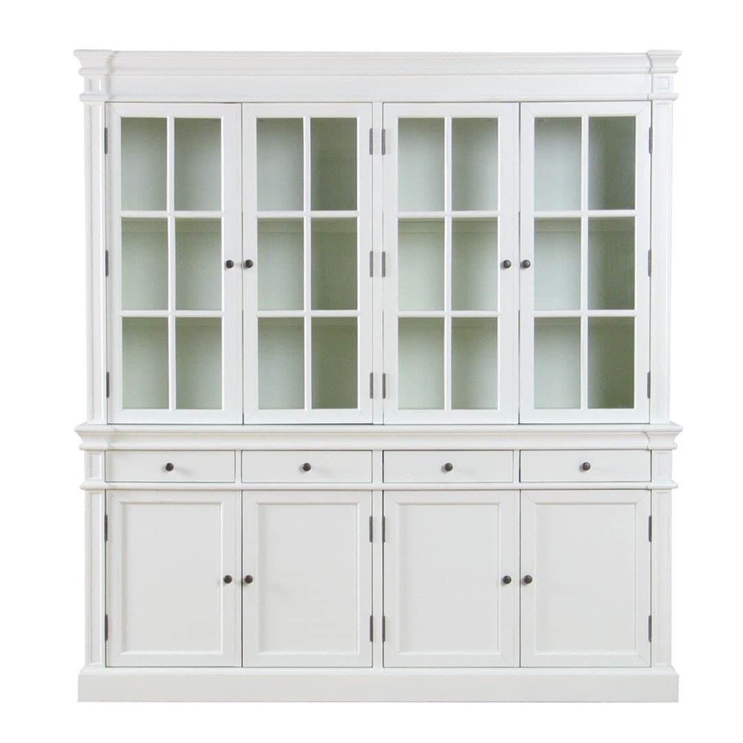 Amaretta 4 türiger Vitrinenschrank antik weiss, antik patiniert. Breite 186 cm, Höhe 200 cm.