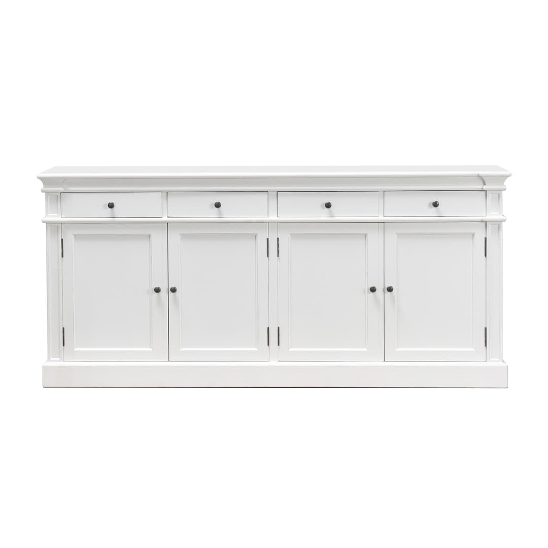 Amaretta Sideboard antik weiß, antik patiniert mit 4 Türen und 4 Schubladen. Breite 186 cm, Höhe 86 cm.