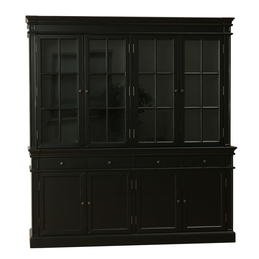 Amaretta 4 türiger Vitrinenschrank schwarz, antik patiniert. Breite 186 cm, Höhe 200 cm.