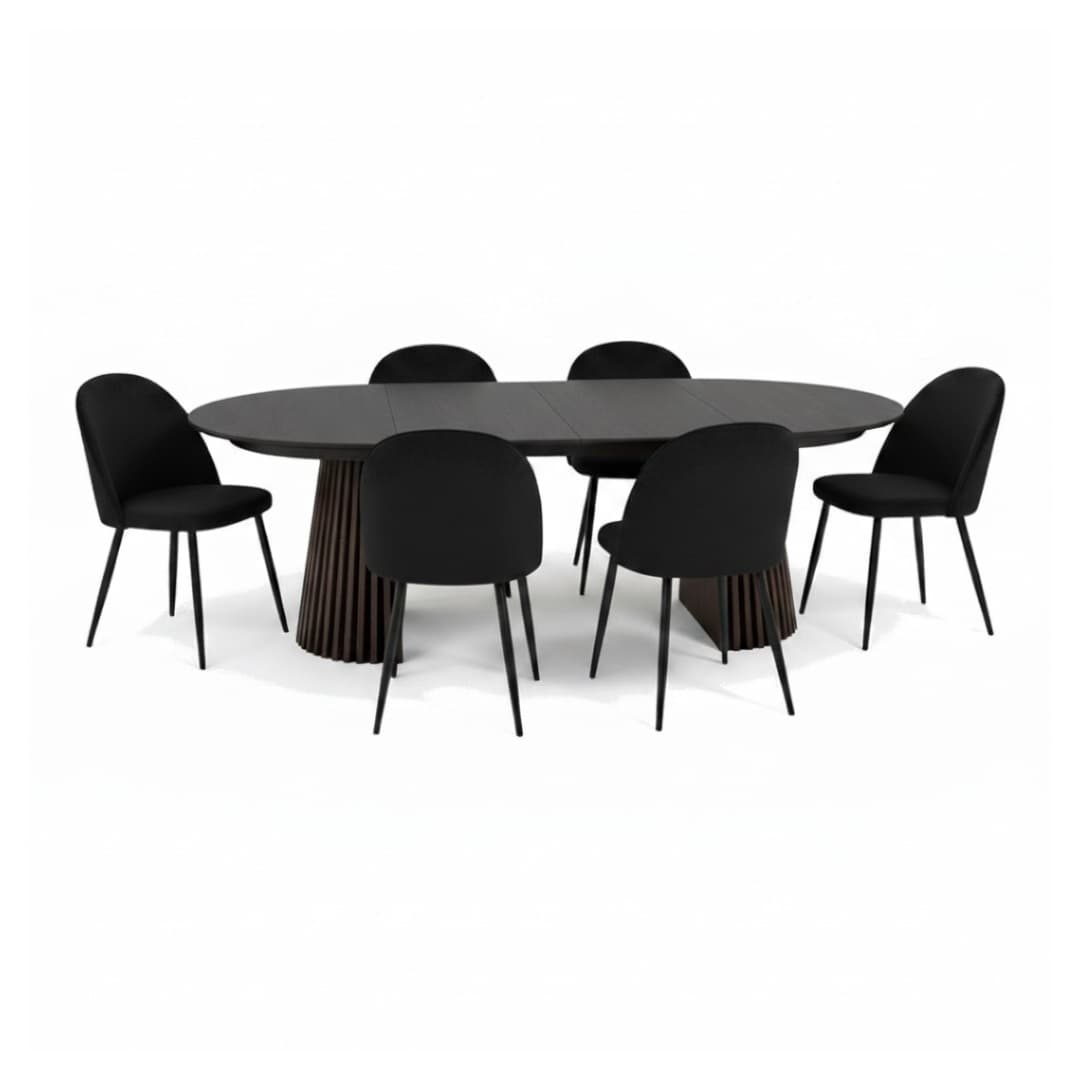 Tokyo Essgruppe Esstisch schwarz, 6 Stühle aus schwarzem Velours.