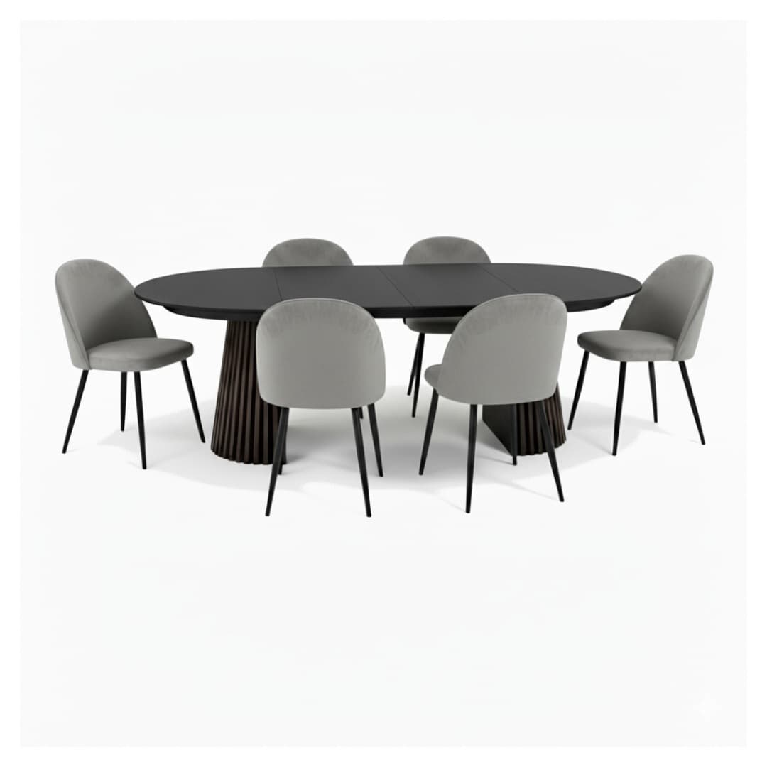Tokyo Essgruppe Esstisch schwarz, 6 Stühle aus grauem Velours.