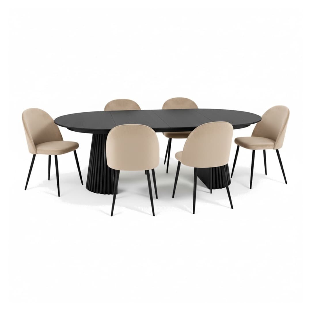 Tokyo Essgruppe Esstisch schwarz, 6 Stühle aus beigem Velours.