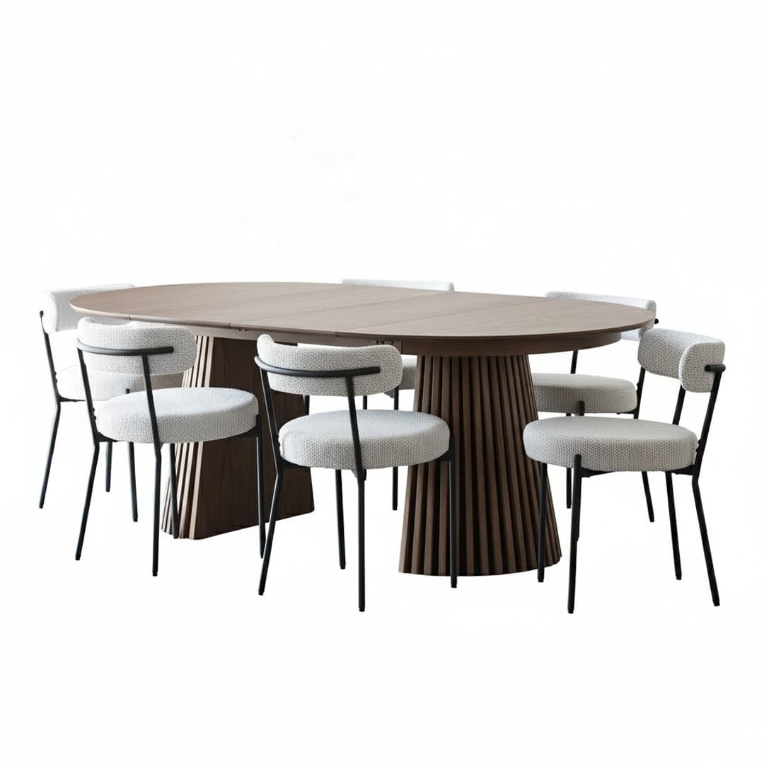 Tokyo Essgruppe Esstisch inkl. 2 Einlegeplatten Ø120x120-160-200 cm smoked und 6 Stühle Bouclé Weiß.