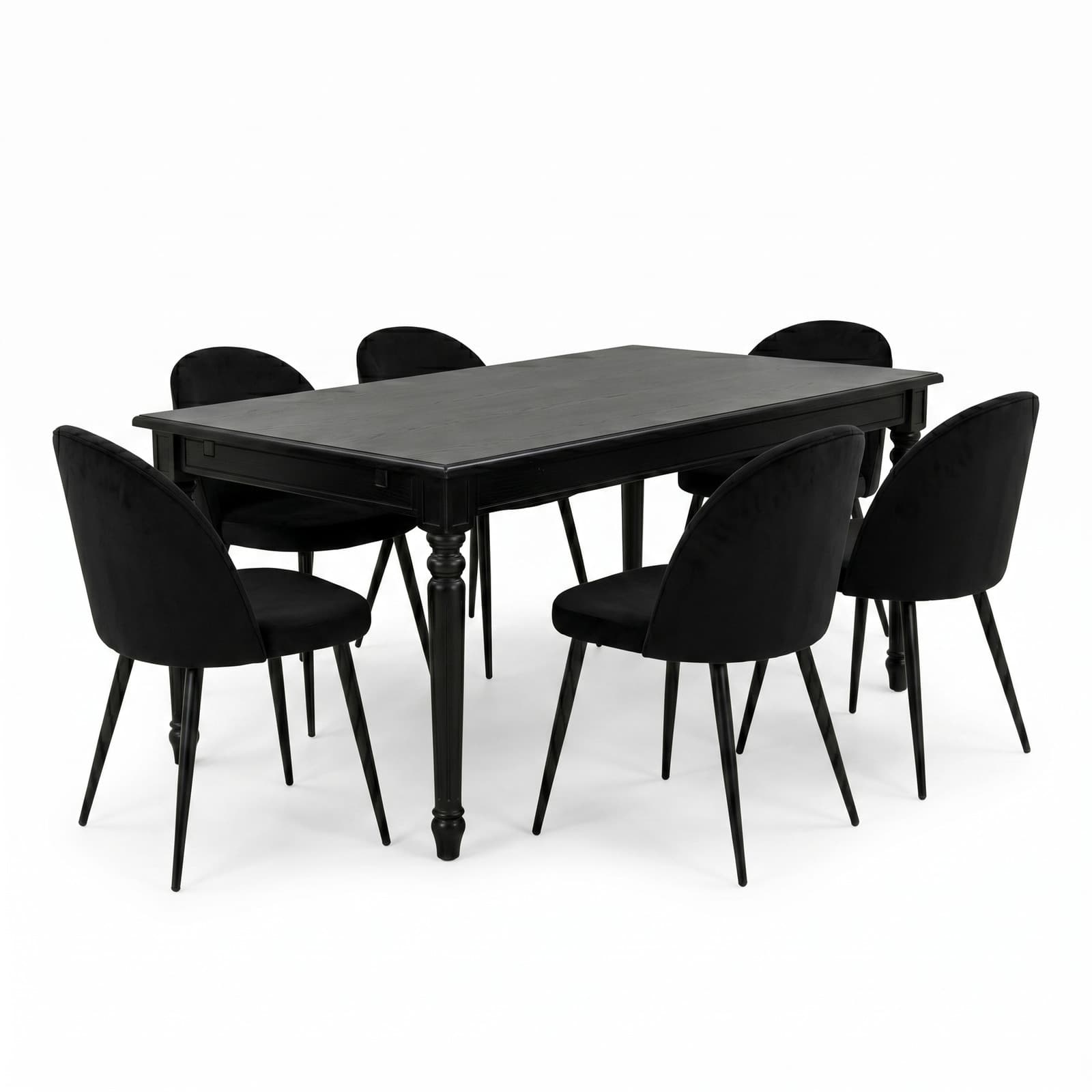 Amaretta Essgruppe Tisch schwarz 6 Stühle Velour schwarz.