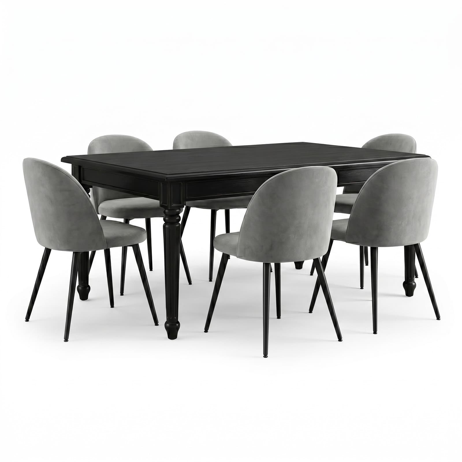 Amaretta Essgruppe Tisch schwarz 6 Stühle Velour grau.