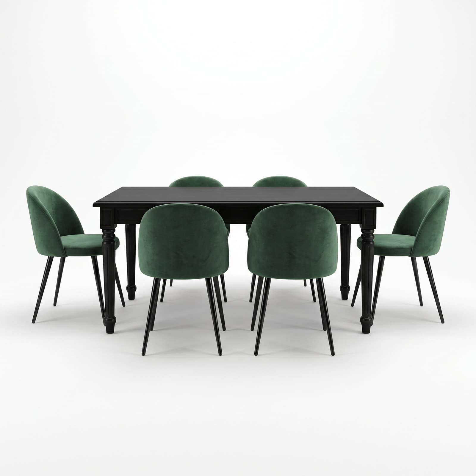 Amaretta Essgruppe Tisch schwarz 6 Stühle Velour grün.
