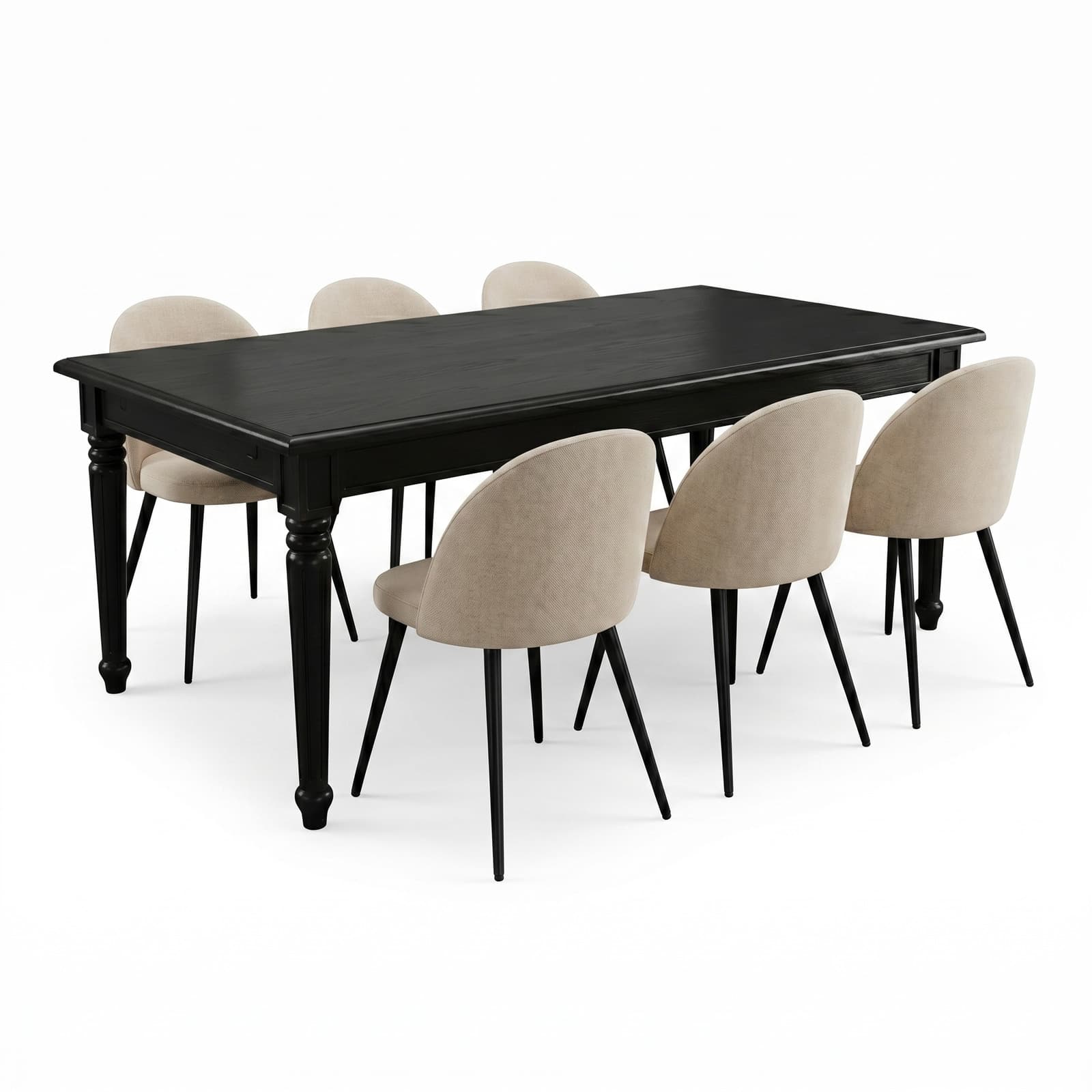 Amaretta Essgruppe Tisch schwarz 6 Stühle Velour beige.
