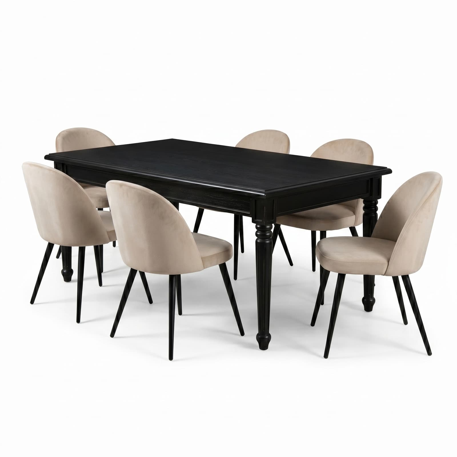 Amaretta Essgruppe Tisch schwarz 6 Stühle Samt beige.