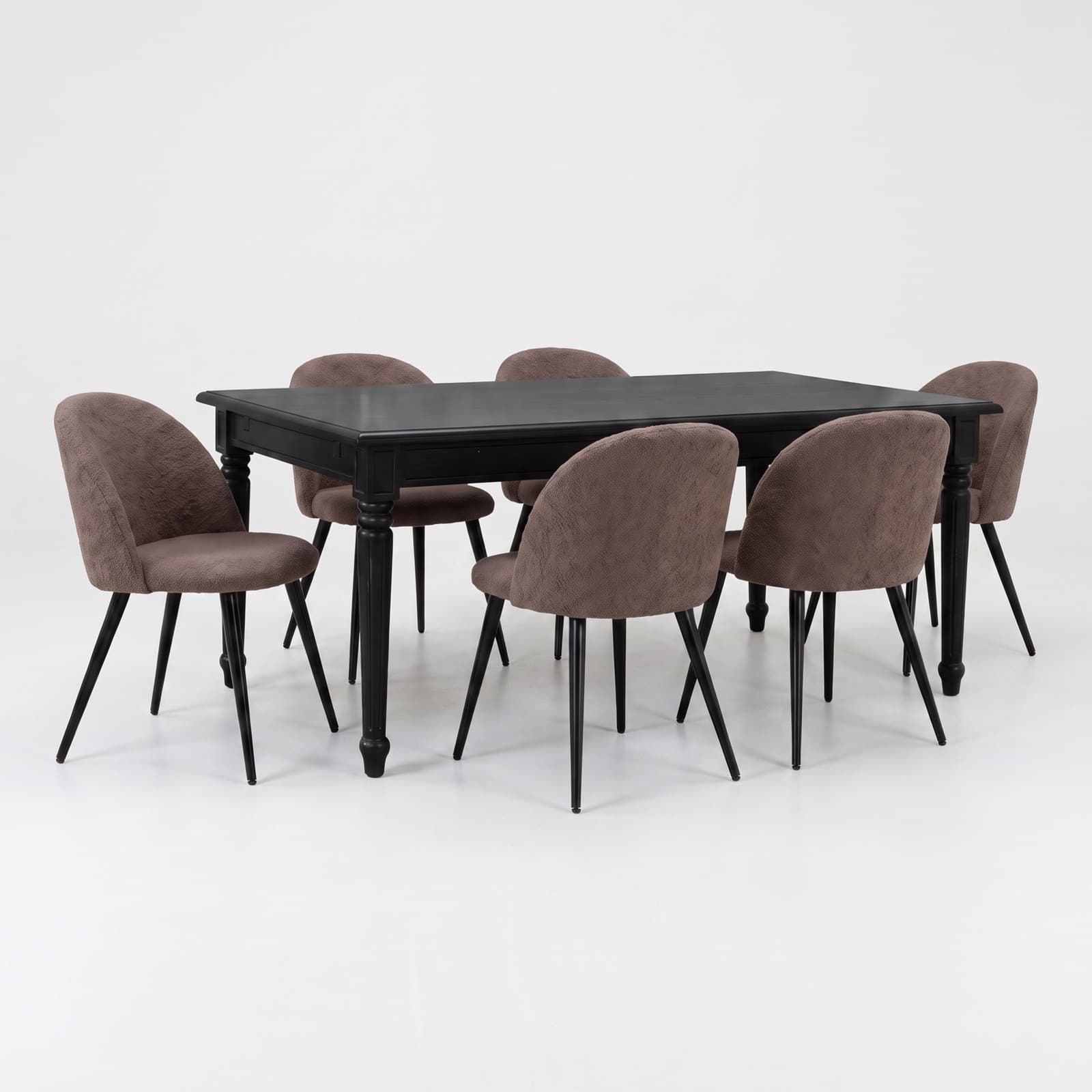 Amaretta Essgruppe Tisch schwarz 100x180/280 inkl. 2 Einlegeplatten, 6 Bouclé-Stühle braun.