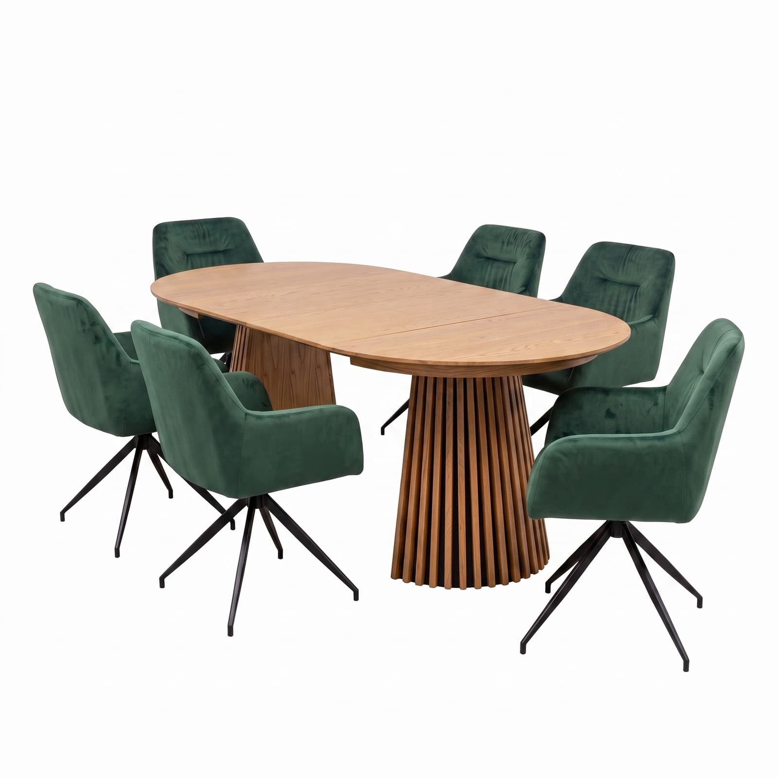 Tokyo Essgruppe Tisch 120x120/160/200cm inkl. 2 Einlegeplatten Eiche naturfarben und 6 Moon Stühle Velours grün.