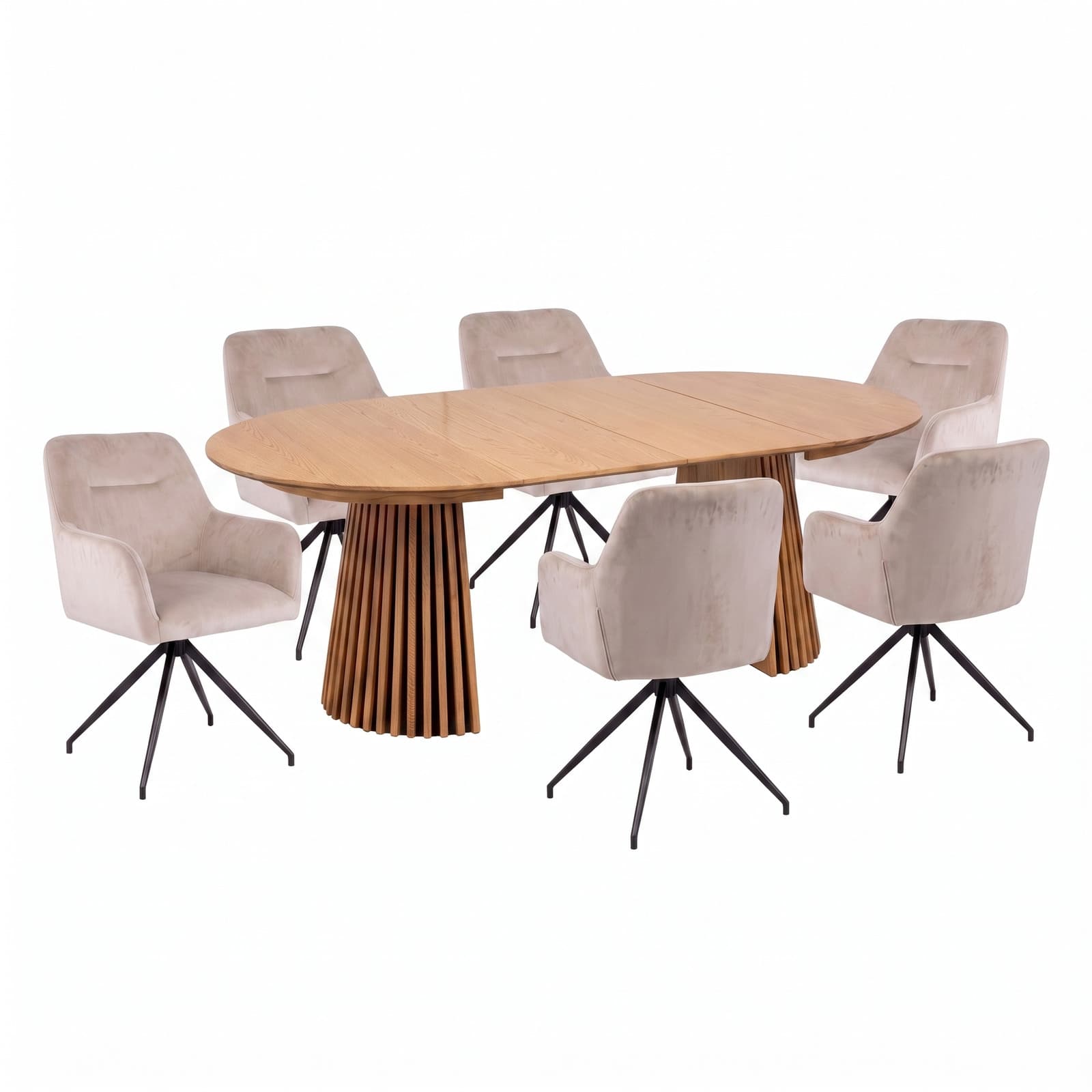 Tokyo Essgruppe Tisch 120x120/160/200cm inkl. 2 Einlegeplatten Eiche naturfarben und 6 Moon Stühle Velours beige.