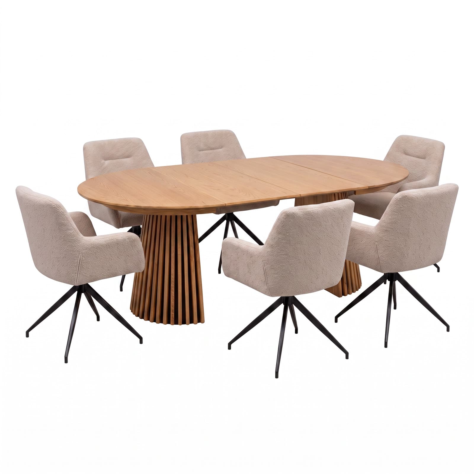 Tokyo Essgruppe Tisch 120x120/160/200cm inkl. 2 Einlegeplatten Eiche naturfarben und 6 Moon Stühle boucle beige.