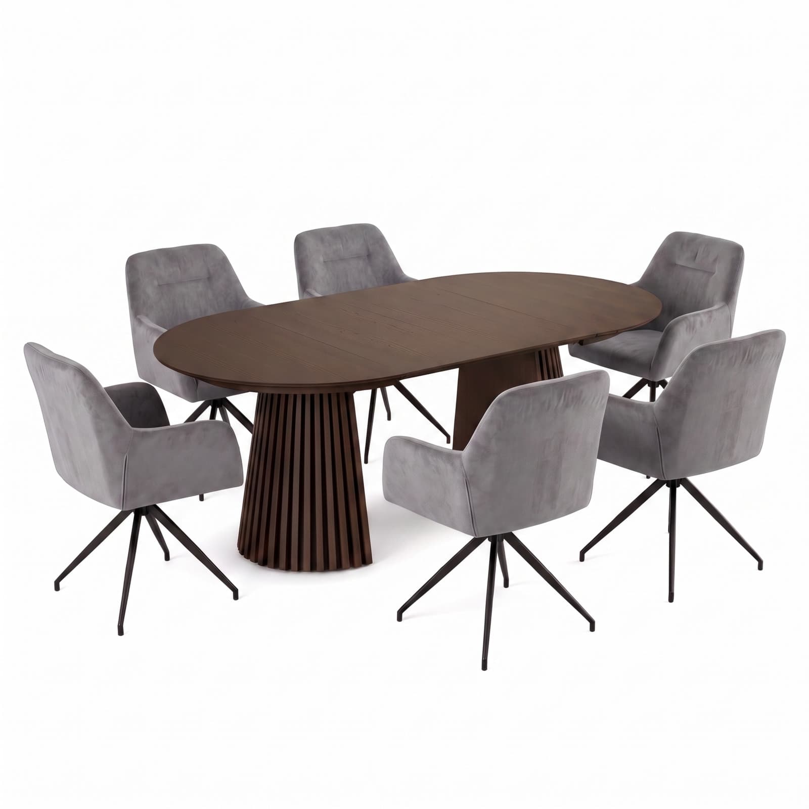 Tokyo Essgruppe Tisch 120x120/160/200cm inkl. 2 Einlegeplatten Eiche Smoked und 6 Moon Stühle Velours grau.