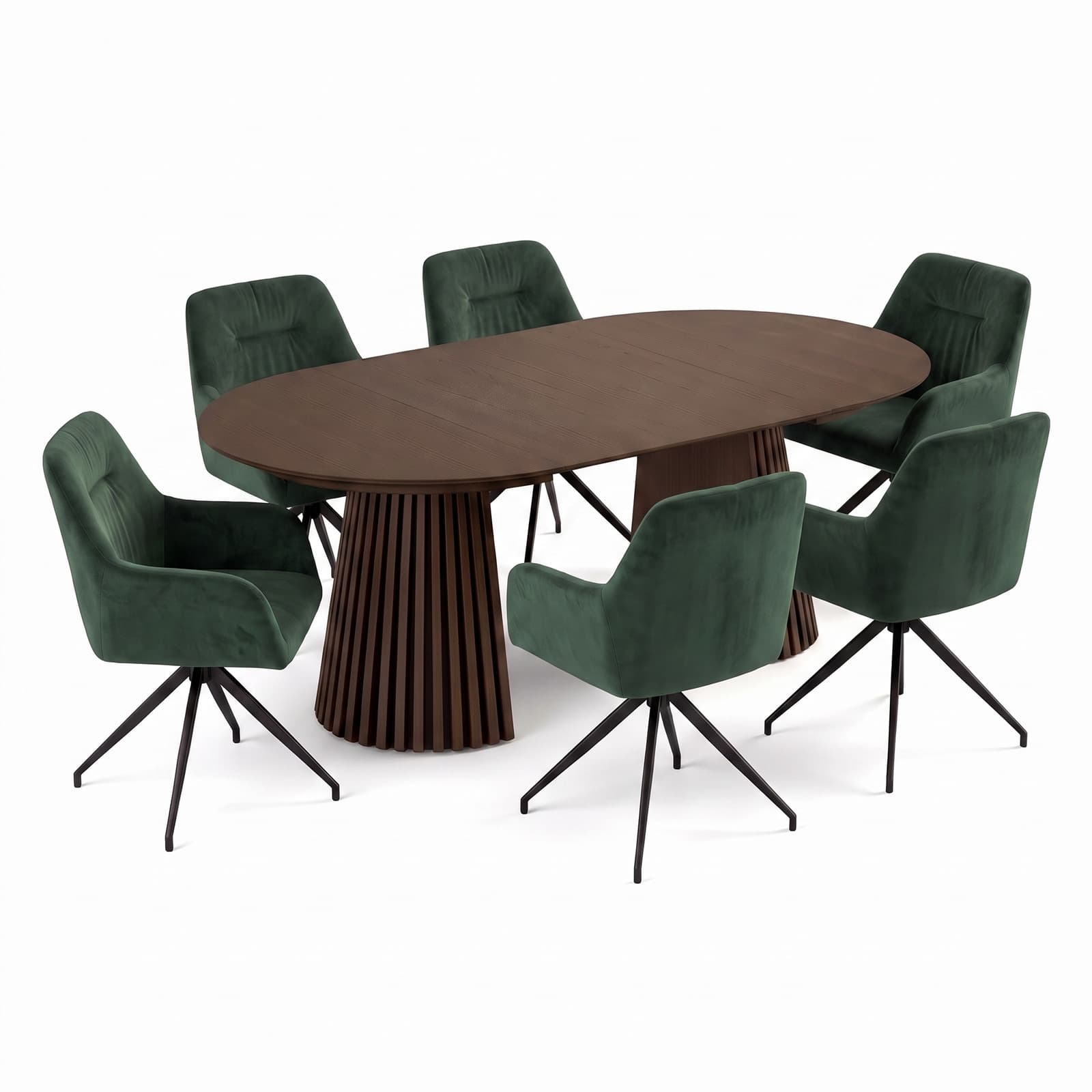 Tokyo Essgruppe Tisch 120x120/160/200cm inkl. 2 Einlegeplatten Eiche Smoked und 6 Moon Stühle Velours grün.