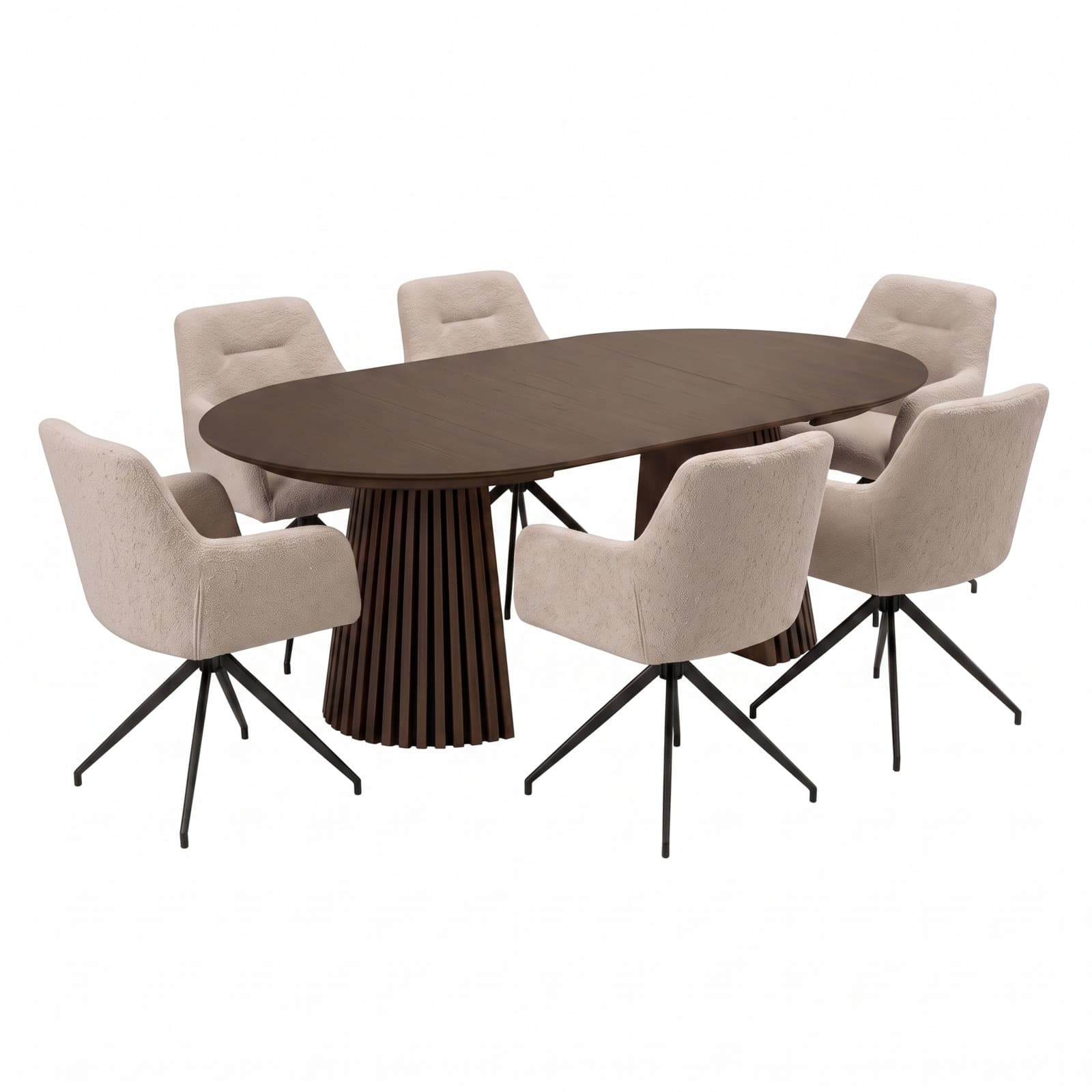 Tokyo Essgruppe Tisch 120x120/160/200cm inkl. 2 Einlegeplatten Eiche Smoked und 6 Moon Stühle boucle beige.