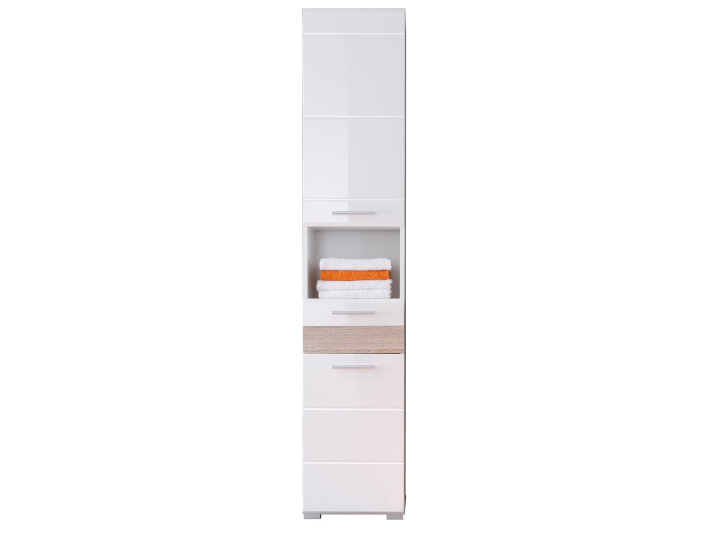 MezzoBad Badschrank hoch 2 Türen, 1 Schublade, 1 offenes Fach weiß, weiß Hochglanz, Eiche Dekor.