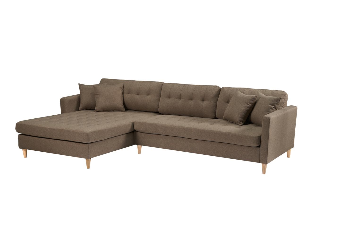 Marino Deluxe Chaiselongsofa rechts oder links gewendet mit Kissen Stoff braun.