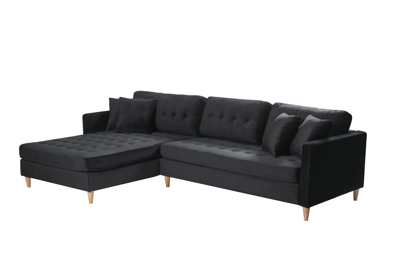 Marino Deluxe Chaiselongsofa rechts oder links gewendet mit Kissen Velour schwarz.