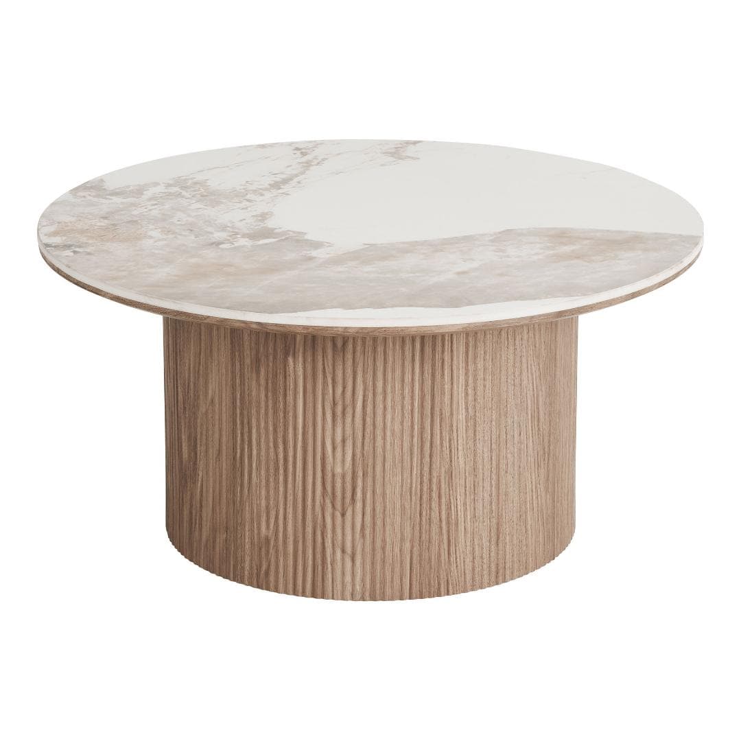 Minamata Couchtisch Ø80cm, Keramik-Tischplatte weiß, dunkelbraun.