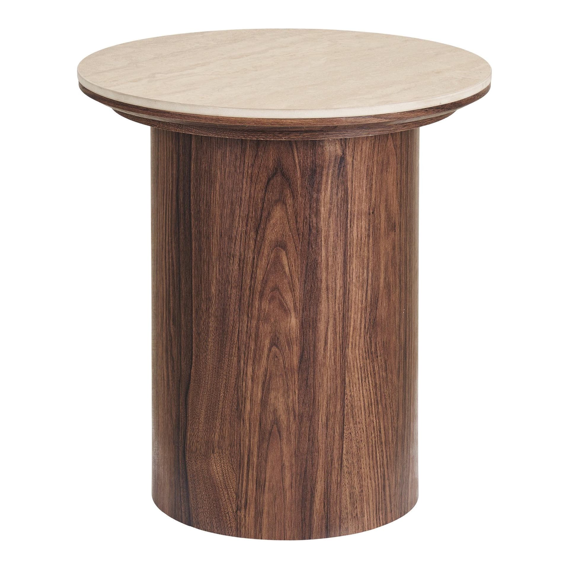 Minamata Beistelltisch Ø45cm, Keramik-Tischplatte Travertin, Walnuss-Dekor.