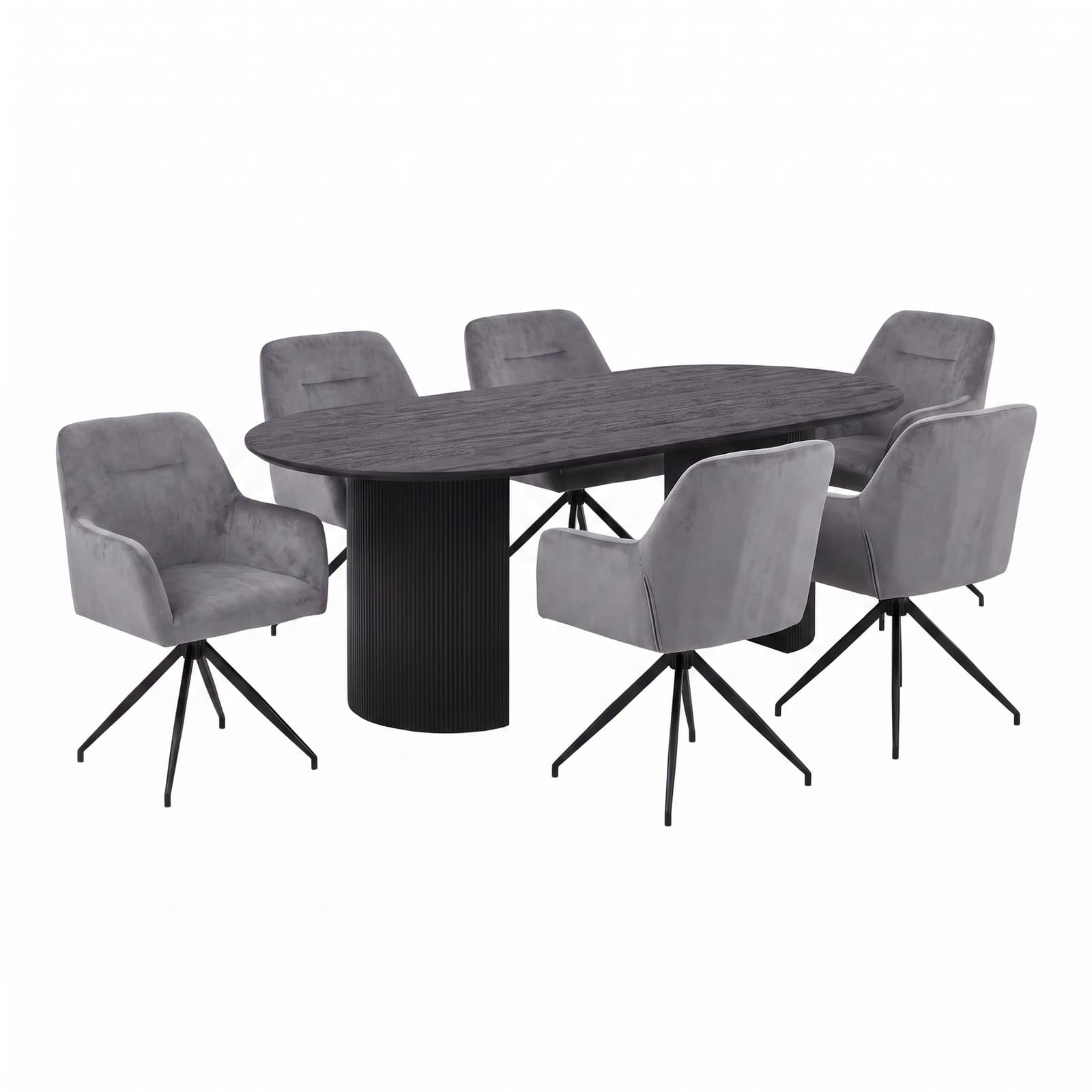 Kyoto Essgruppe Tisch 100x210cm dunkelbraun und 6 Moon Stühle Velours grau.