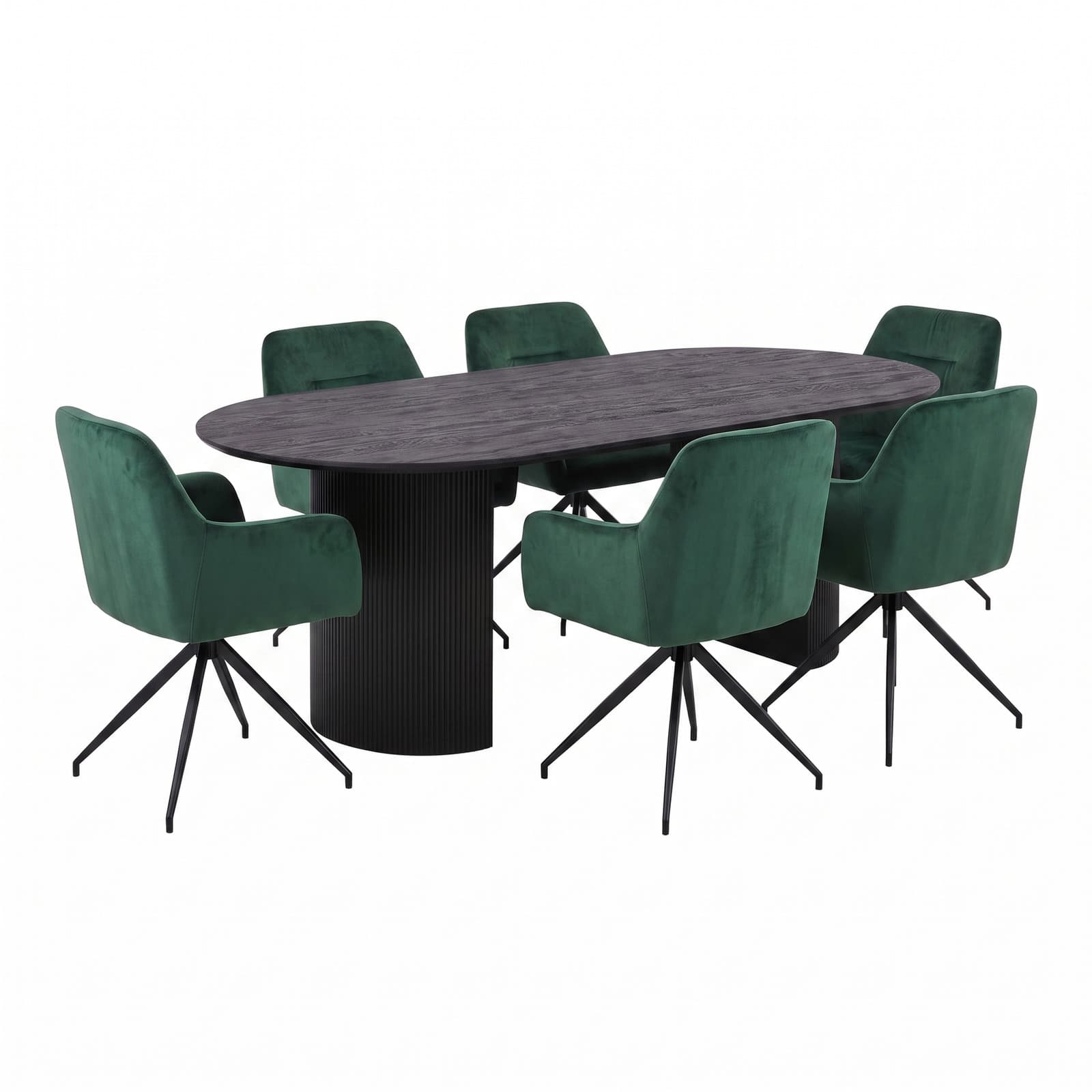Kyoto Essgruppe Tisch 100x210cm dunkelbraun und 6 Moon Stühle Velours grün.