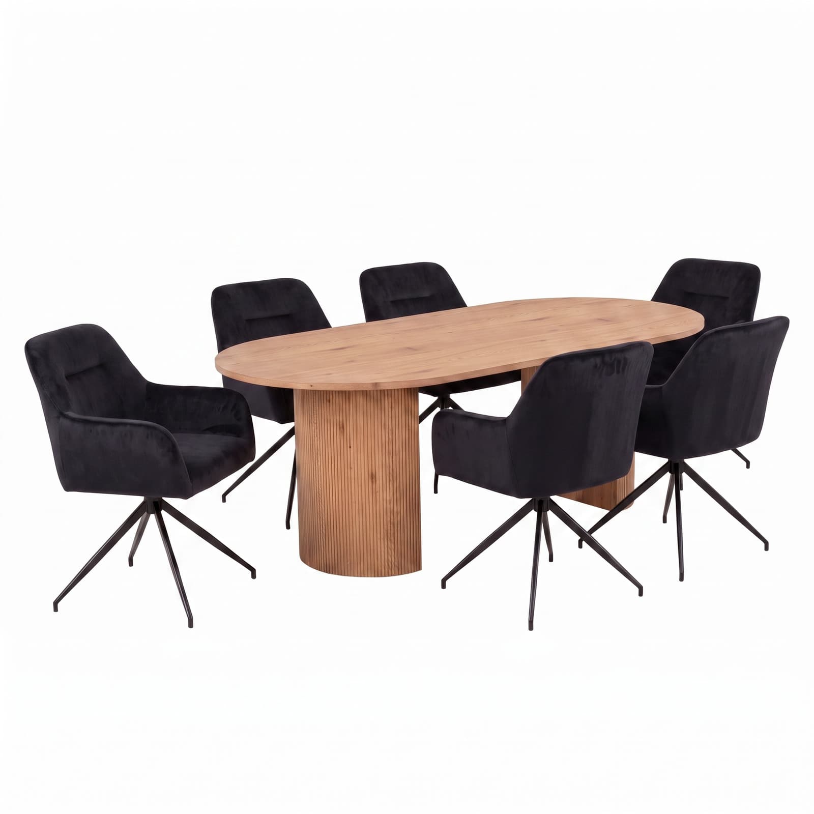 Kyoto Essgruppe Tisch 100x210cm naturfarben und 6 Moon Stühle Velours schwarz.