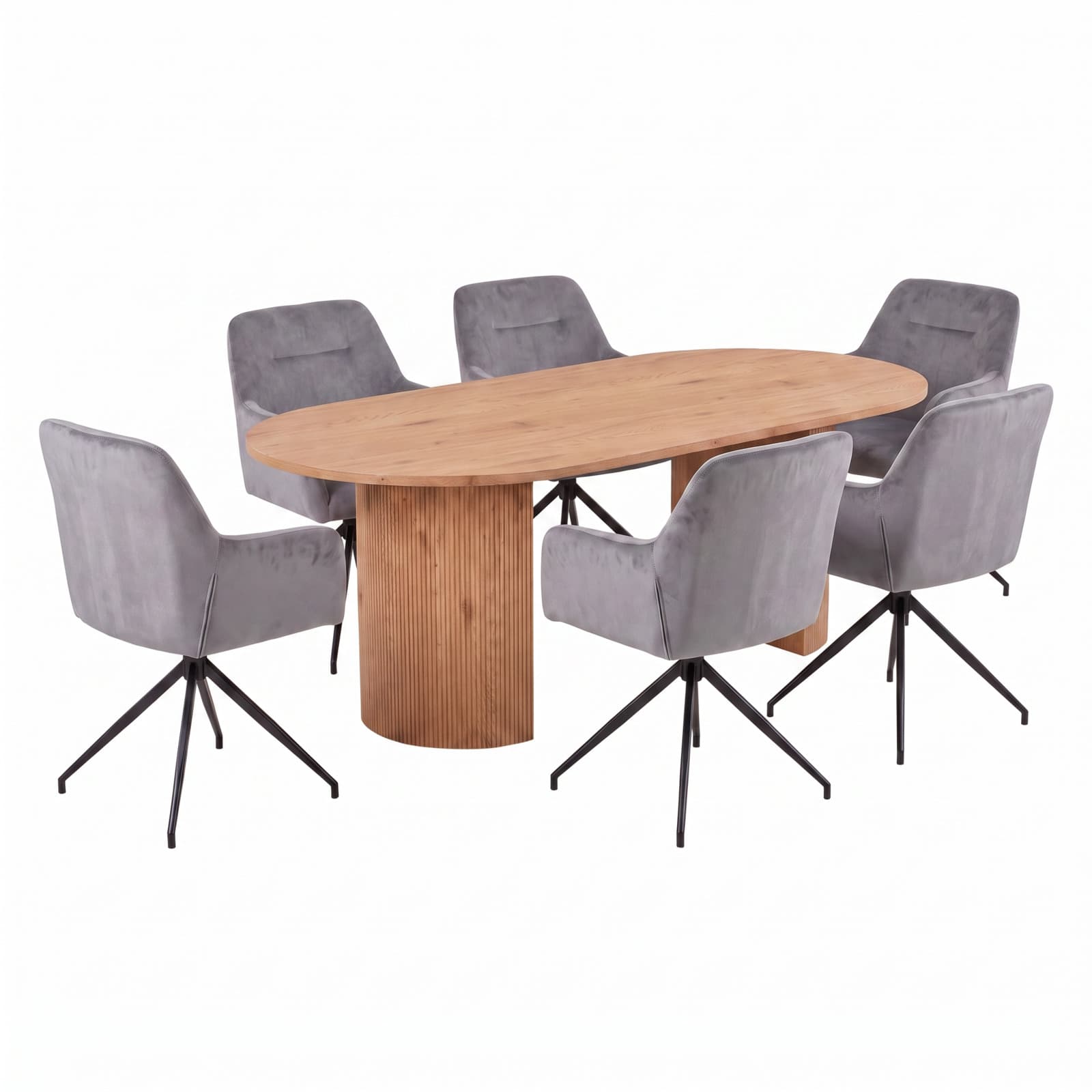 Kyoto Essgruppe Tisch 100x210cm naturfarben und 6 Moon Stühle Velours grau.