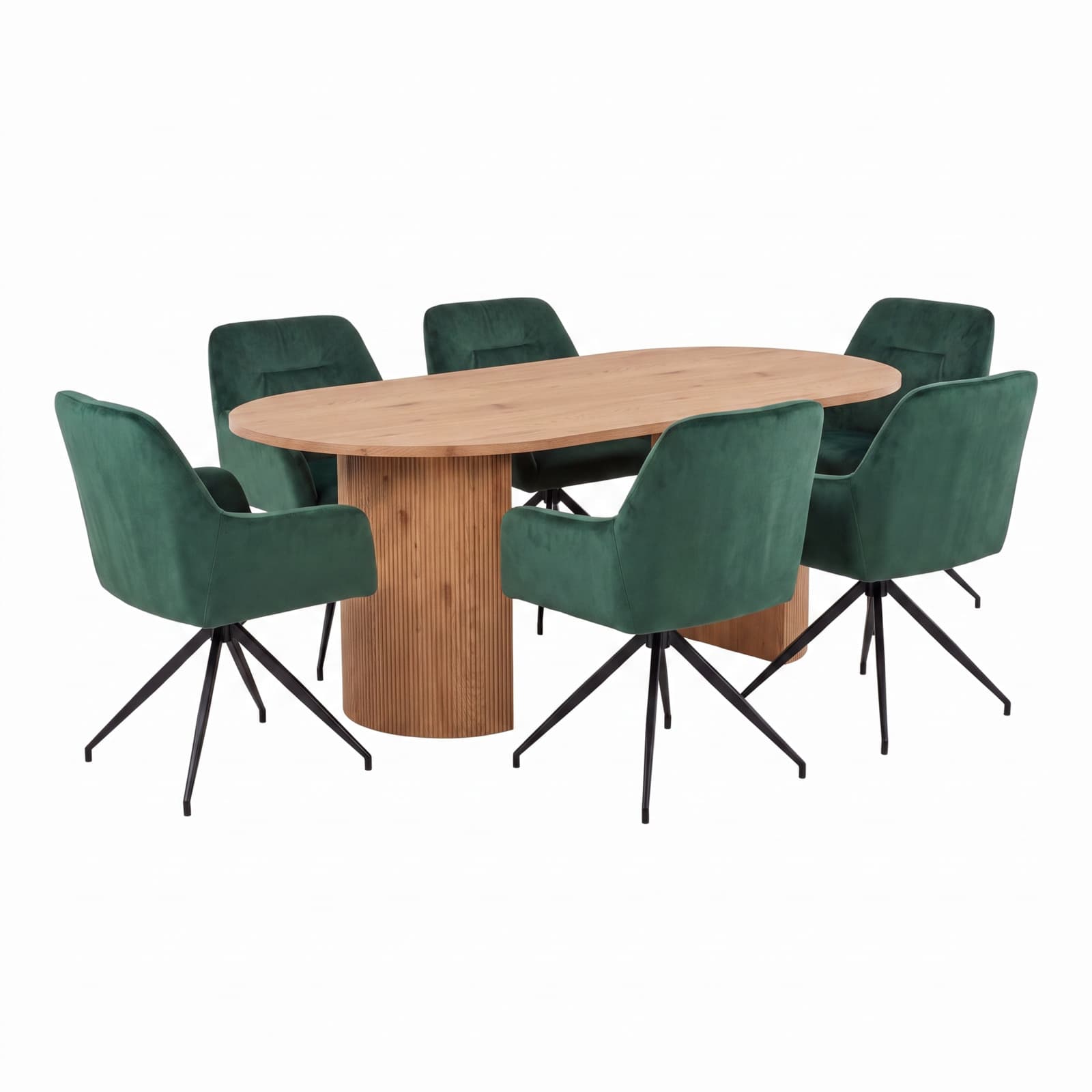 Kyoto Essgruppe Tisch 100x210cm naturfarben und 6 Moon Stühle Velours grün.
