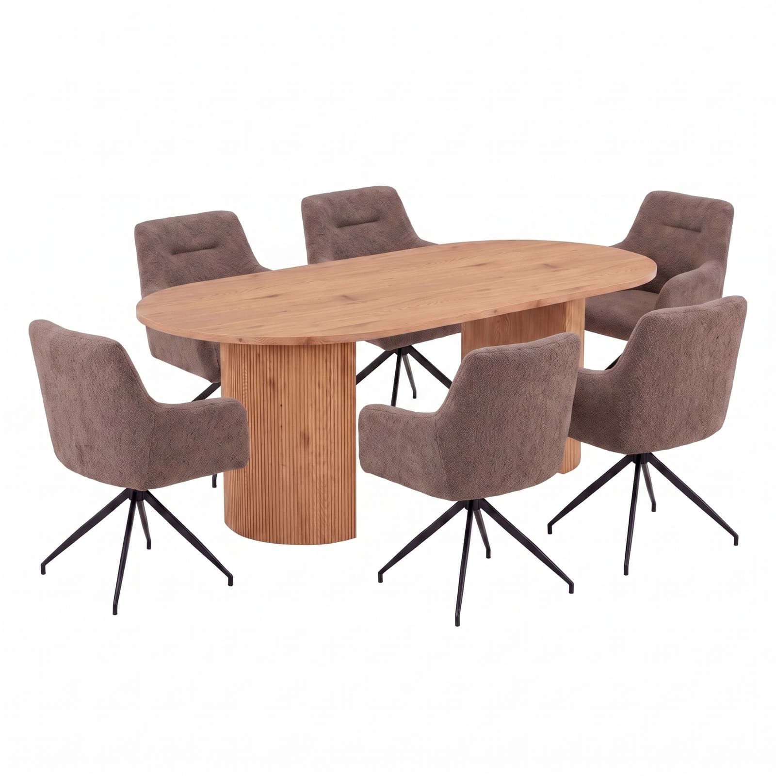 Kyoto Essgruppe Tisch 100x210cm naturfarben und 6 Moon Stühle boucle braun.