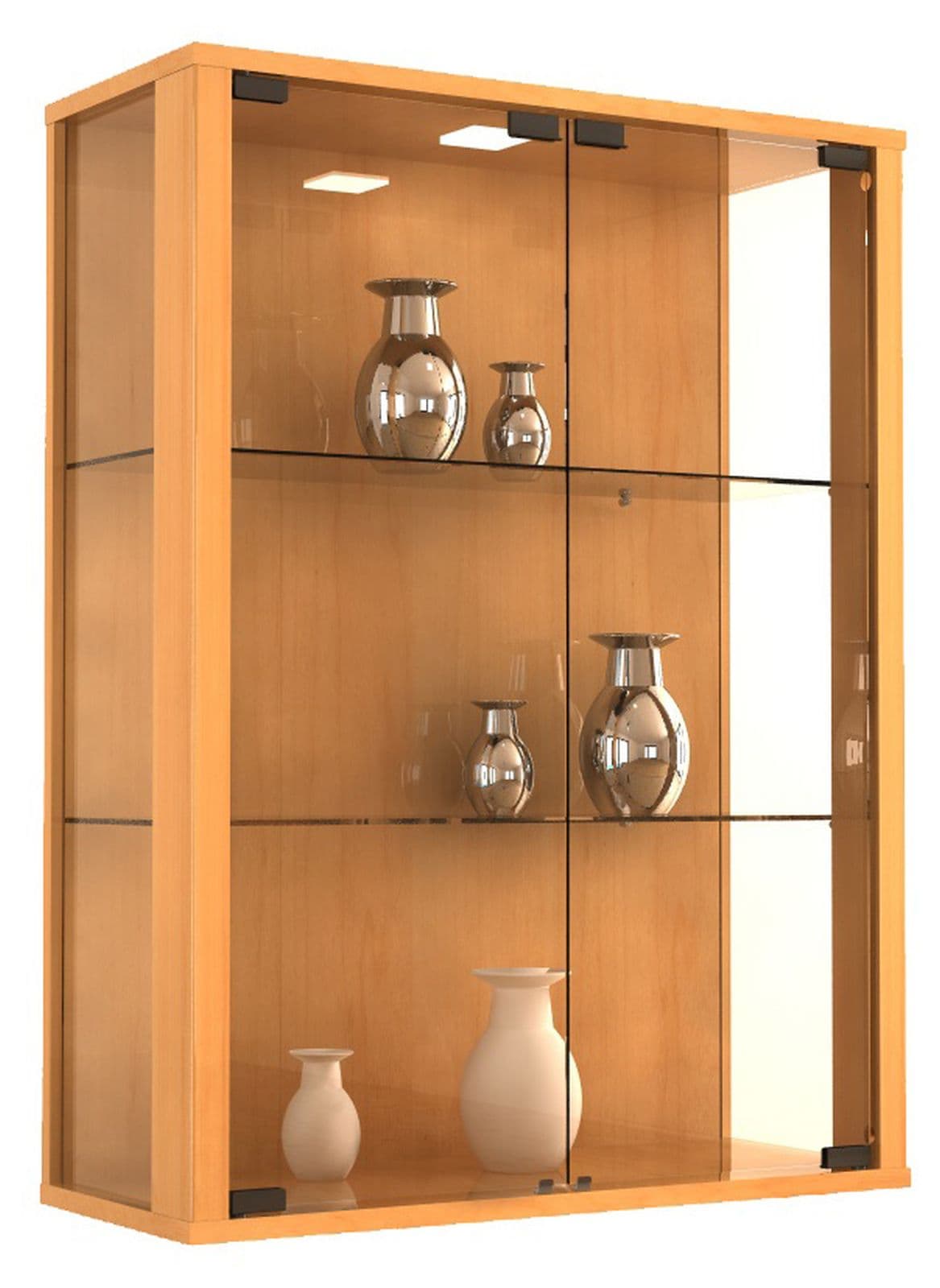 Udina Vitrinenschrank Wandhängend mit 2 Glastüren 2 Glasböden Buche dekor.