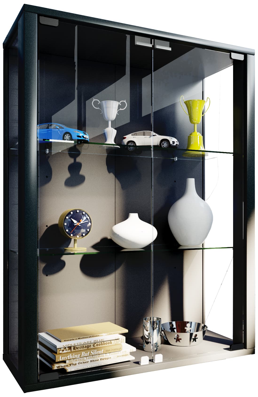 Udina Vitrinenschrank Wandmontage 2 Glastüren mit LED-Licht 2 Glasböden. schwarz.